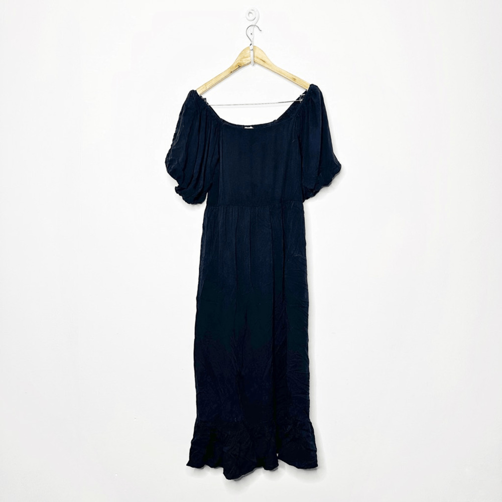 SILK & SALT Puff Sleeve Midi Dress black viscose sundress women's s SMALL